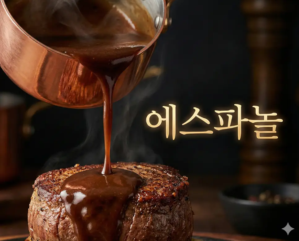 에스파뇰 뜻을 상징하는 깊고 진한 갈색 소스의 풍미가 돋보이는 고품격 프랑스 정통 소스 연출 샷