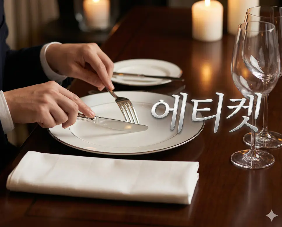 에티켓 뜻을 상징하는 정교한 식사 예절과 격식 있는 테이블 세팅이 돋보이는 고화질 실사 이미지