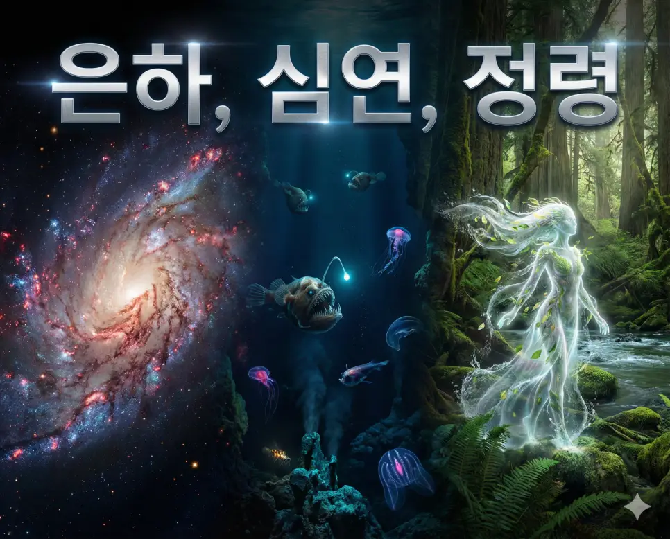 은하, 심연, 정령의 개념과 신비로운 존재들을 세련된 구도로 통합한 종합 가이드 이미지