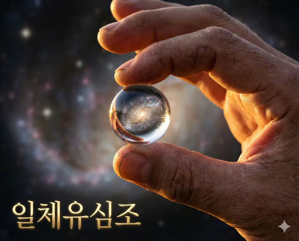 손바닥 위에 놓인 맑은 물방울 속에 광활한 우주가 비치는 모습을 통해 모든 현상이 오직 마음에서 비롯된다는 일체유심조의 가르침을 형상화한 사진