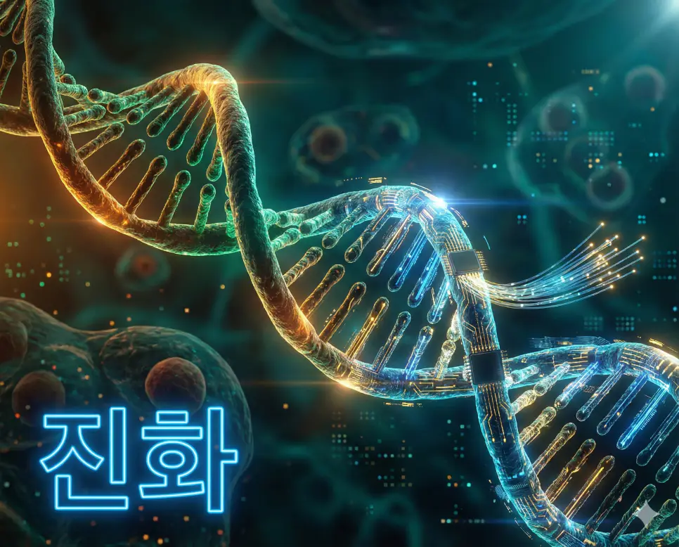 진화 뜻인 생물이 주변 환경에 적응하며 더 높은 단계로 발전해 나가는 과정을 상징적으로 표현한 이미지