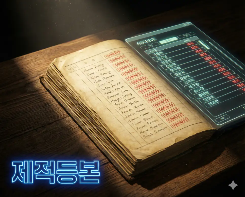 제적등본 뜻인 과거에 소속되어 있었으나 현재는 제외된 기록을 보여주는 서류를 상징적으로 표현한 이미지