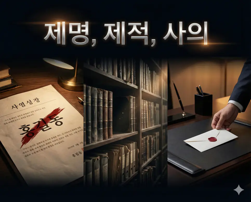 제명, 제적, 사의의 개념과 조직에서의 이탈 과정을 세련된 구도로 통합한 종합 가이드 이미지