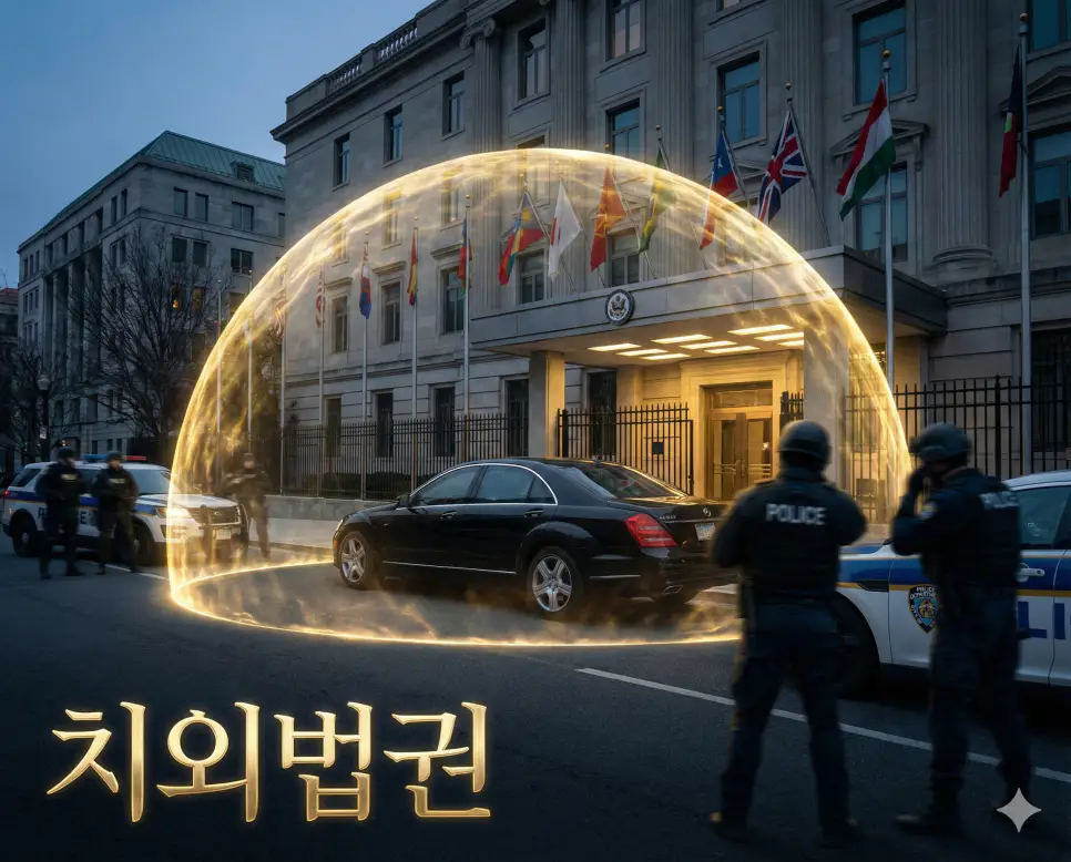 외국에 있으면서도 주재국의 법률 관할권에서 벗어나는 특권인 치외법권 이미지