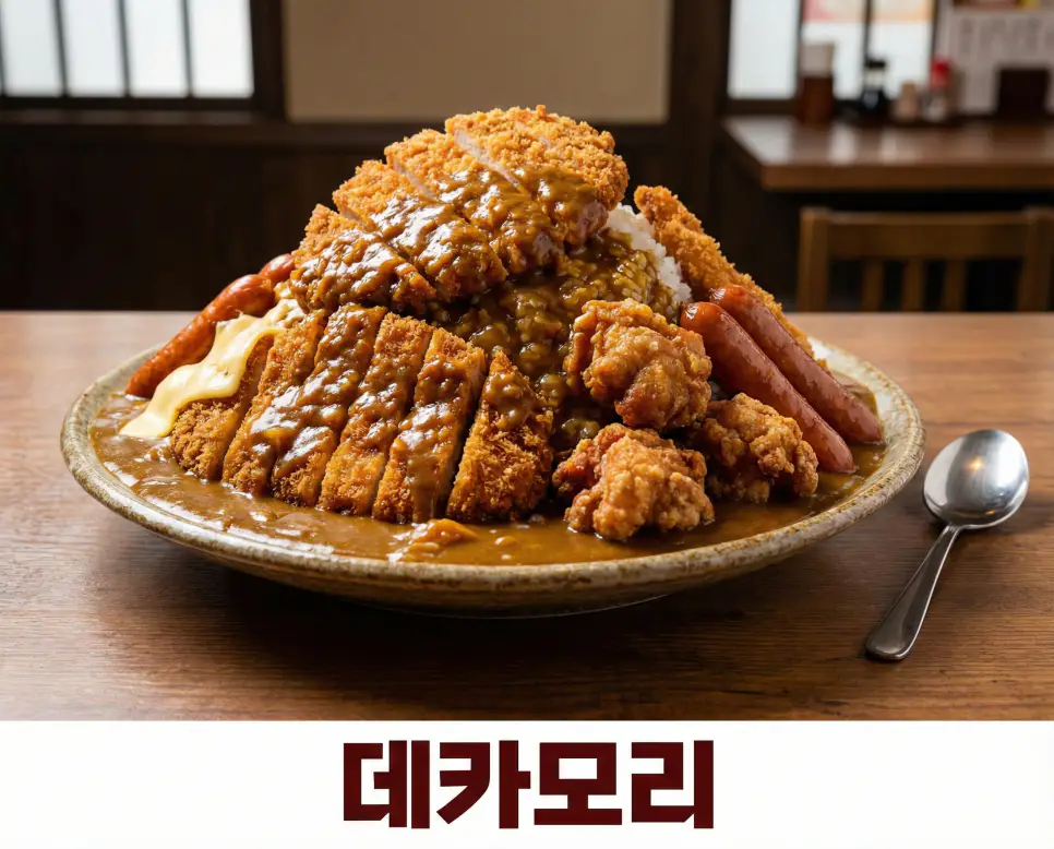 압도적인 크기와 양을 자랑하는 일본의 대용량 음식 문화 데카모리 뜻 정보를 담은 실사 사진입니다.