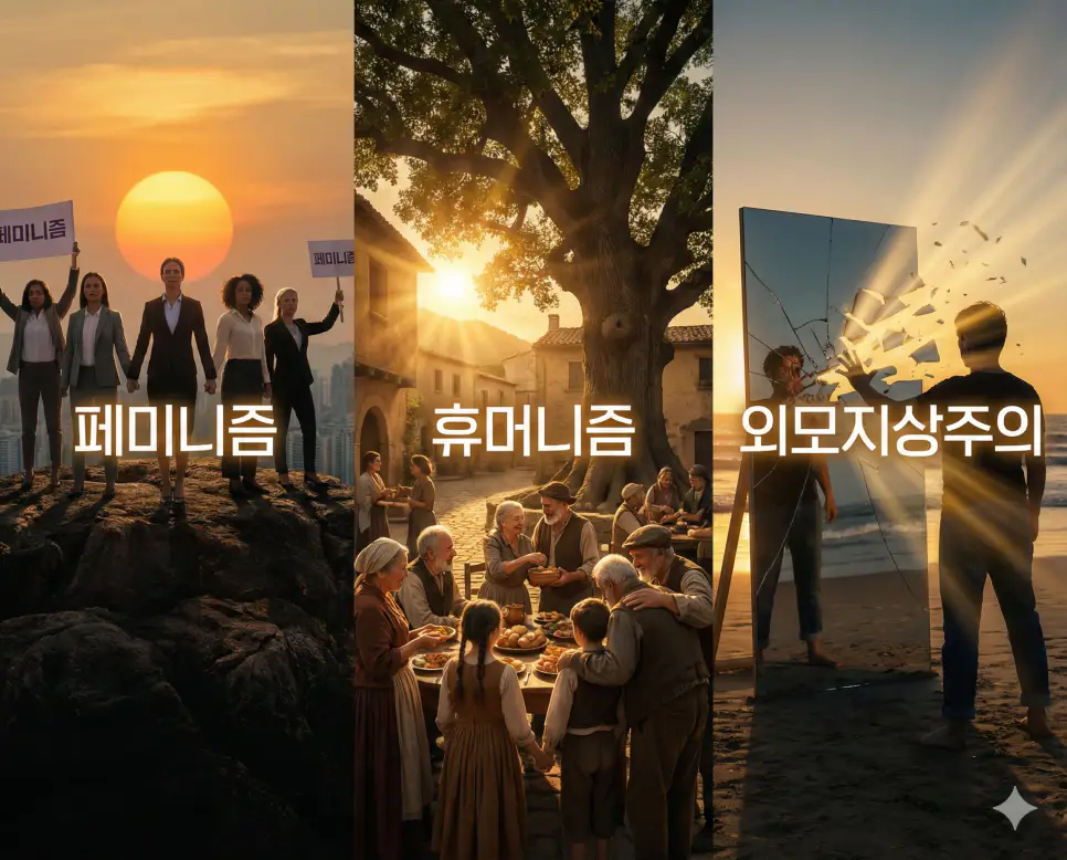 페미니즘, 휴머니즘, 외모지상주의를 통해 인간의 존엄과 평등의 가치를 통합적으로 보여주는 이미지