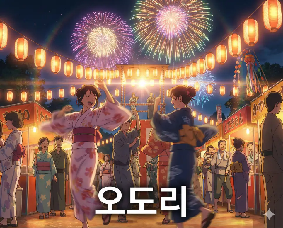 춤추기나 무용을 의미하는 오도리 뜻이 담긴 화려한 축제 속 신나는 춤 동작을 표현한 애니메이션 스타일 이미지입니다.