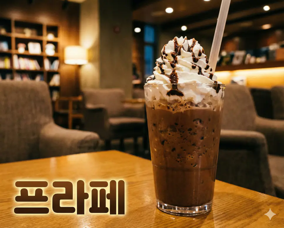 프라페 뜻이 담긴 잘게 갈린 얼음과 달콤한 휘핑크림이 조화를 이루는 시원한 디저트 음료의 실사 사진