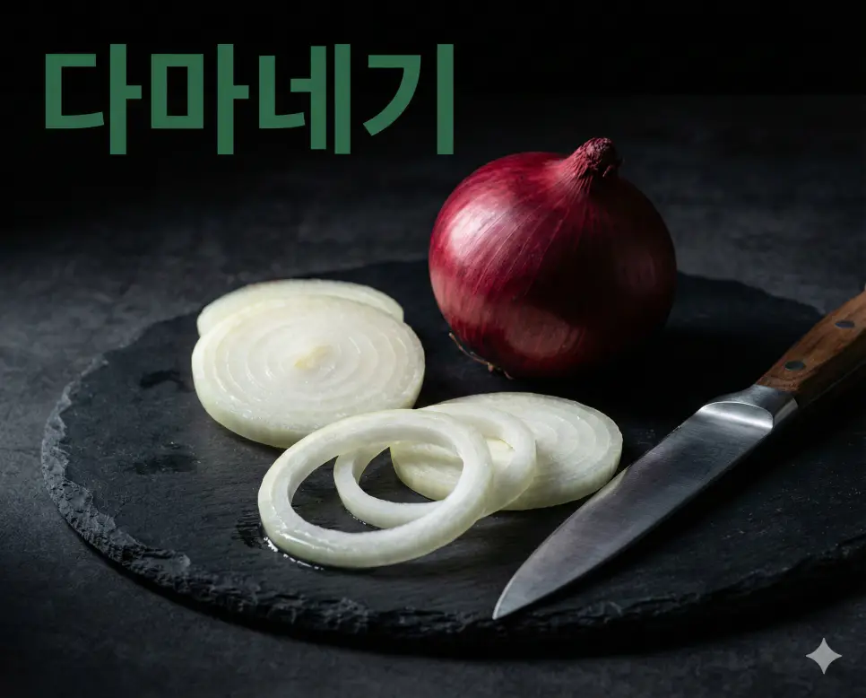 요리의 기초가 되는 식재료 양파를 뜻하는 다마네기 뜻 정보를 담은 감각적인 실사 이미지입니다.