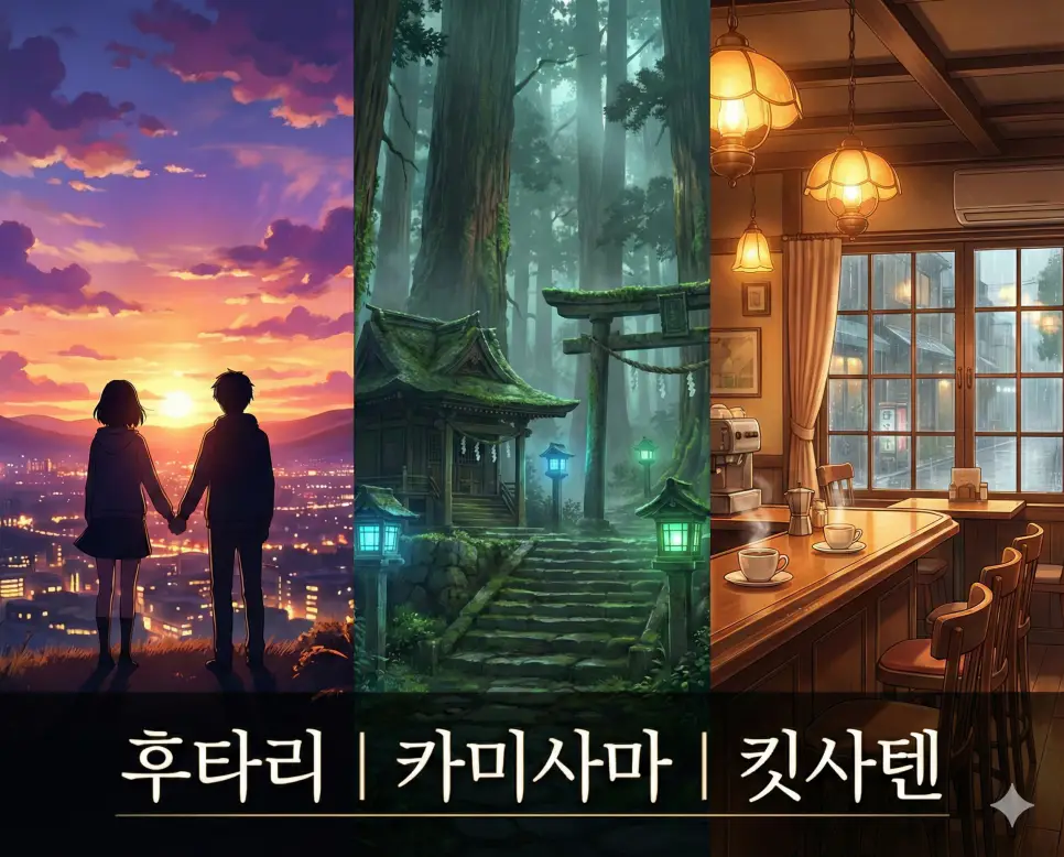 후타리, 카미사마, 킷사텐의 뜻이 담긴 인연과 신비로운 존재, 그리고 휴식의 장소를 테마로 구성한 감성적인 일본 애니메이션 스타일 통합 가이드 이미지입니다.