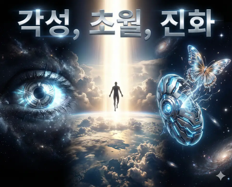 각성, 초월, 진화의 개념과 존재의 역동적인 변화를 세련된 구도로 통합한 종합 가이드 이미지