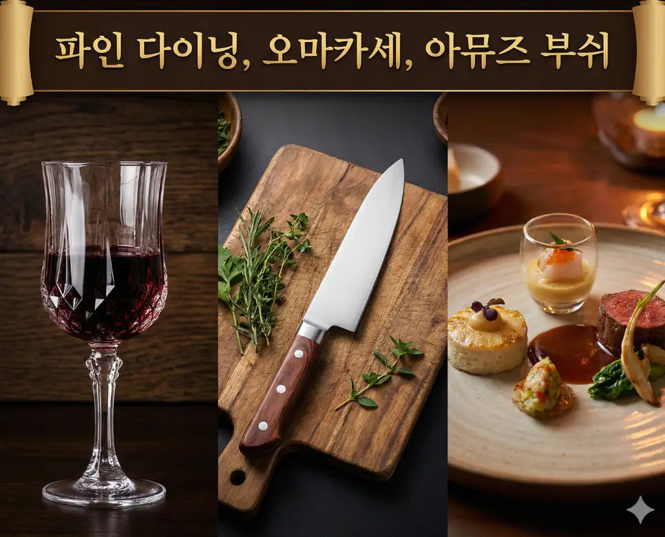 파인 다이닝, 오마카세, 아뮤즈 부쉬 뜻을 한데 모아 품격 있는 미식 문화와 셰프의 예술성을 표현한 종합 이미지