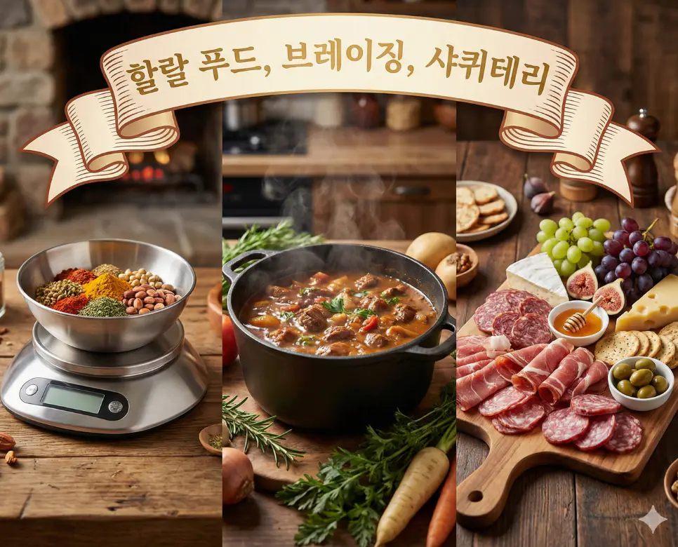 할랄 푸드, 브레이징, 샤퀴테리 뜻을 한데 모아 미식의 문화적 다양성과 전문적 기법을 표현한 종합 이미지