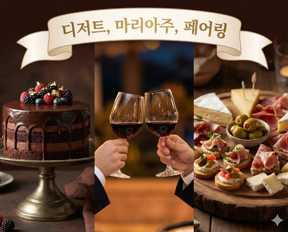 디저트, 마리아주, 페어링 뜻을 한데 모아 미식의 완성도와 조화로운 식사 문화를 표현한 종합 이미지