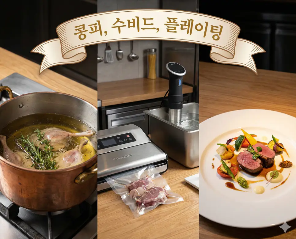 콩피, 수비드, 플레이팅 뜻을 한데 모아 요리의 깊은 맛과 과학적 조리, 미적 완성을 표현한 종합 이미지