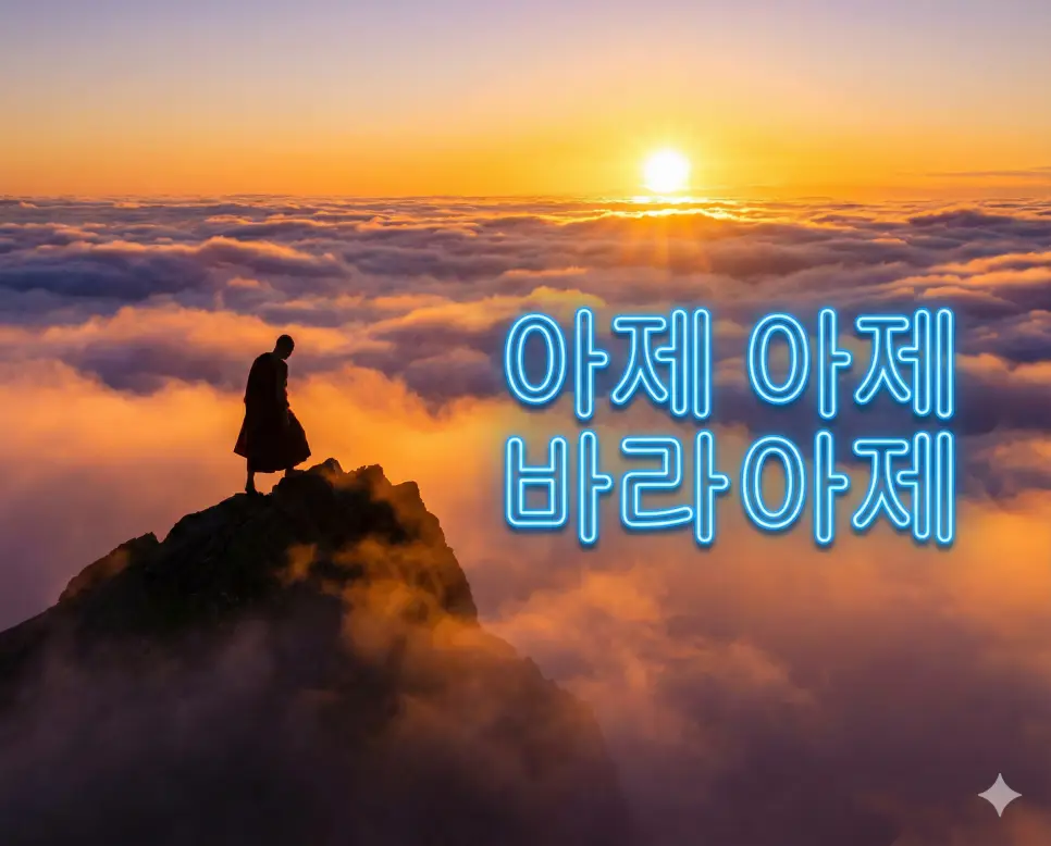 구름 위로 솟아오르는 찬란한 태양을 향해 험한 산길을 오르는 구도자의 뒷모습을 통해 깨달음의 세계로 가자는 아제 아제 바라아제의 의지를 표현한 이미지