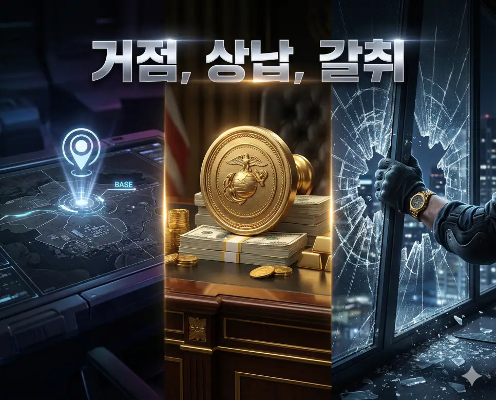 거점, 상납, 갈취의 개념과 이미지를 세련된 구도로 통합한 조직 생태계 종합 가이드 이미지