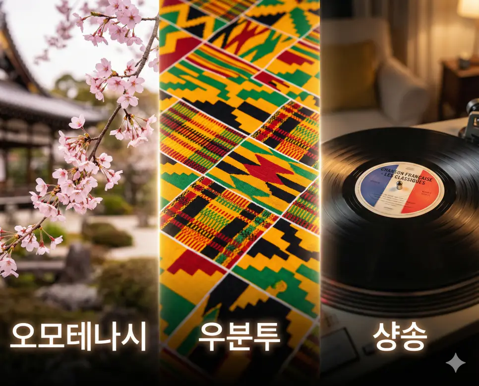 일본의 환대 문화인 오모테나시, 아프리카의 공동체 의식인 우분투, 프랑스의 예술적 감성인 샹송의 뜻을 한눈에 보여주는 글로벌 문화 통합 시각 자료