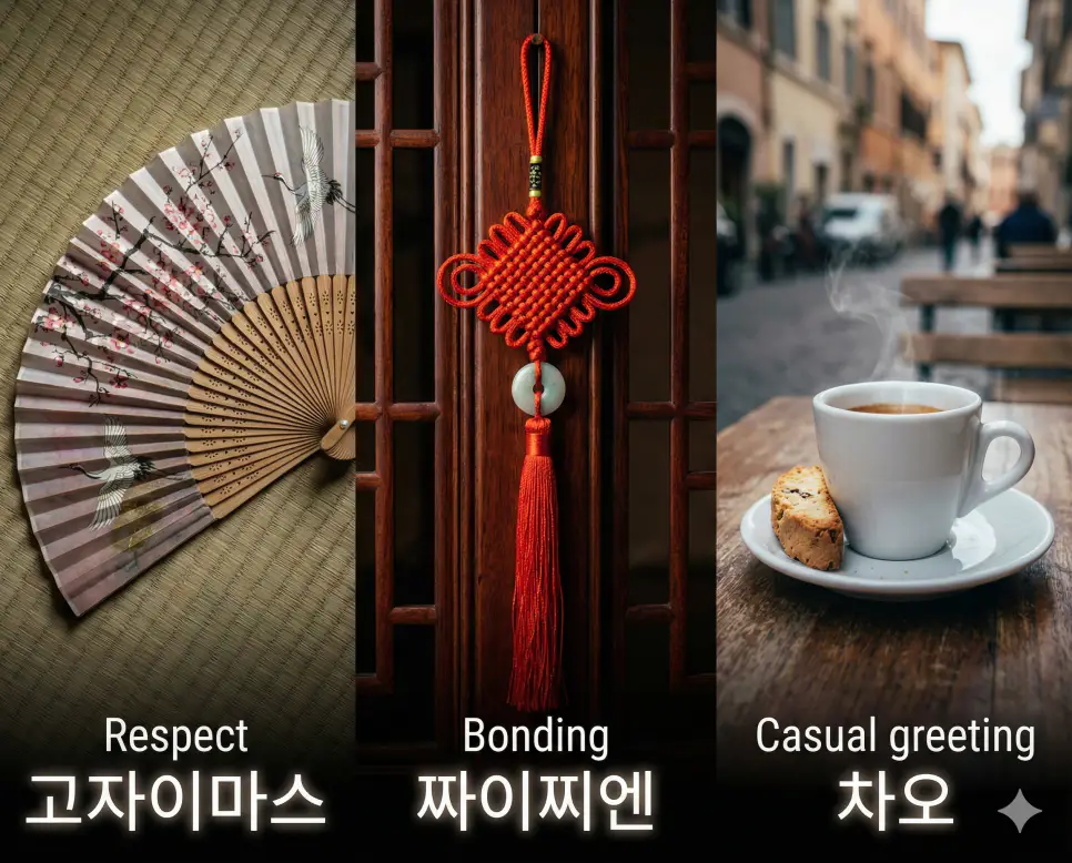 일본의 정중함, 중국의 재회 약속, 이탈리아의 친근함을 담은 고자이마스, 짜이찌엔, 차오 뜻을 한눈에 보여주는 글로벌 인사 문화 통합 시각 자료