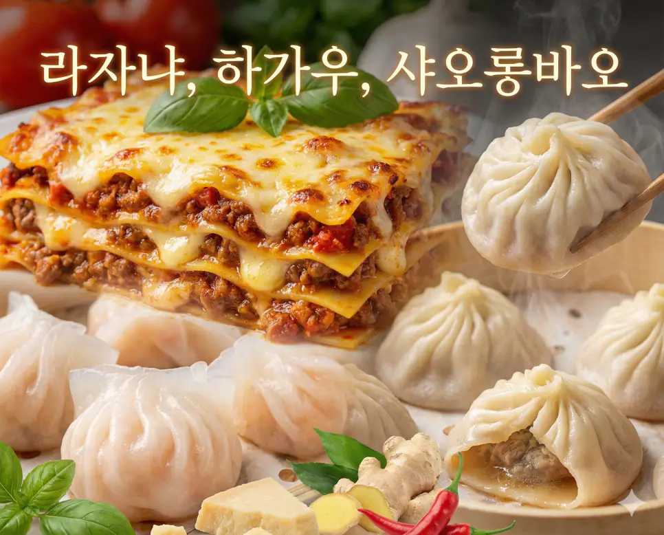 라자냐, 하가우, 샤오롱바오의 다채로운 풍미를 한눈에 보여주는 세계 인기 요리 종합 미식 가이드 이미지