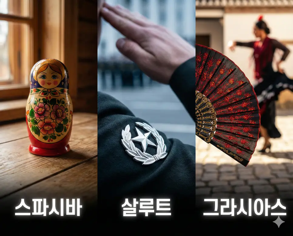 러시아의 감사, 프랑스식 예우, 스페인의 열정을 담은 스파시바, 살루트, 그라시아스 뜻을 한눈에 보여주는 글로벌 문화 통합 시각 자료