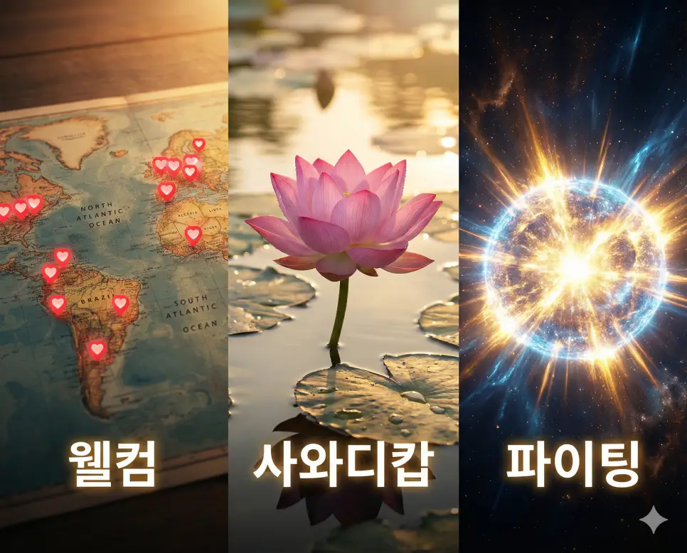 전 세계의 환영인 웰컴 뜻, 태국의 인사 사와디캅 뜻, 그리고 응원의 파이팅 뜻을 한눈에 보여주는 통합 시각 자료