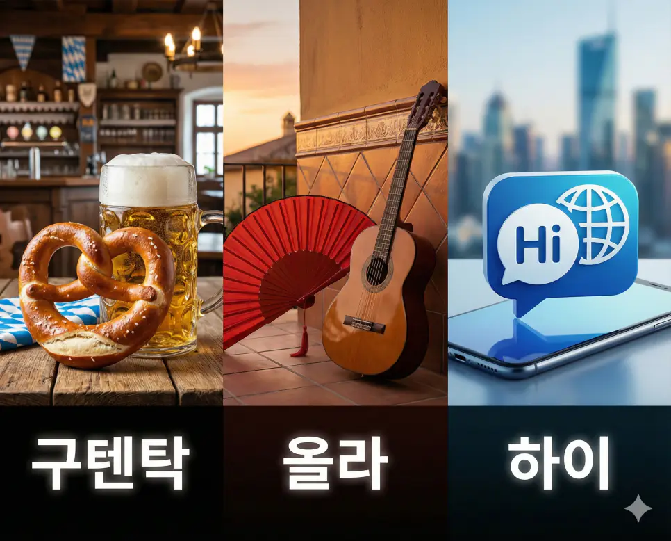 독일의 정중함, 스페인의 열정, 영미권의 친근함을 담은 구텐탁, 올라, 하이 뜻을 한눈에 보여주는 글로벌 인사 문화 통합 시각 자료