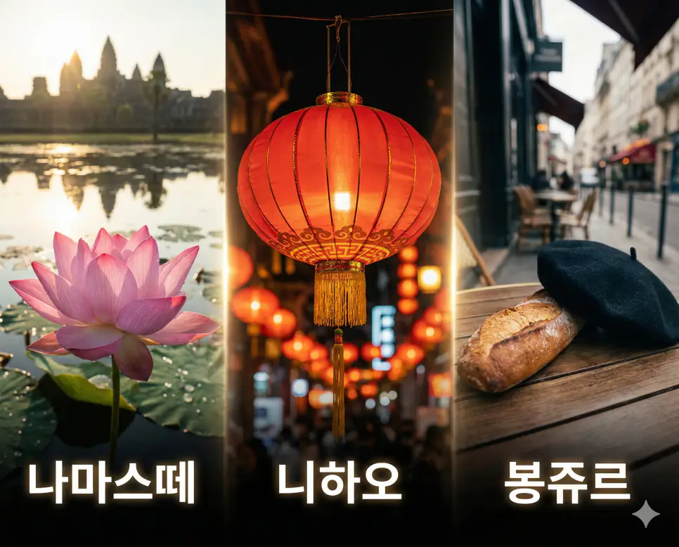 인도, 중국, 프랑스의 대표적인 상징물들을 통해 전 세계의 따뜻한 인사를 하나로 묶어 보여주는 글로벌 통합 시각 자료