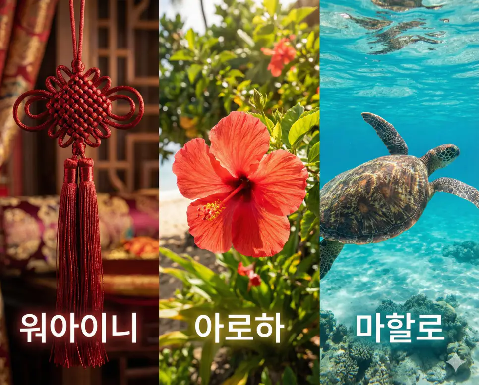 중국의 사랑 고백, 하와이의 평화와 감사를 담은 워아이니, 아로하, 마할로 뜻을 한눈에 보여주는 글로벌 긍정 문화 통합 시각 자료