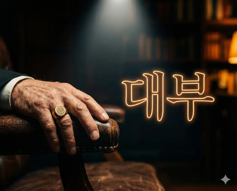 대부 뜻인 조직의 수장이자 강력한 권위를 가진 인물을 상징하는 권위 있는 이미지