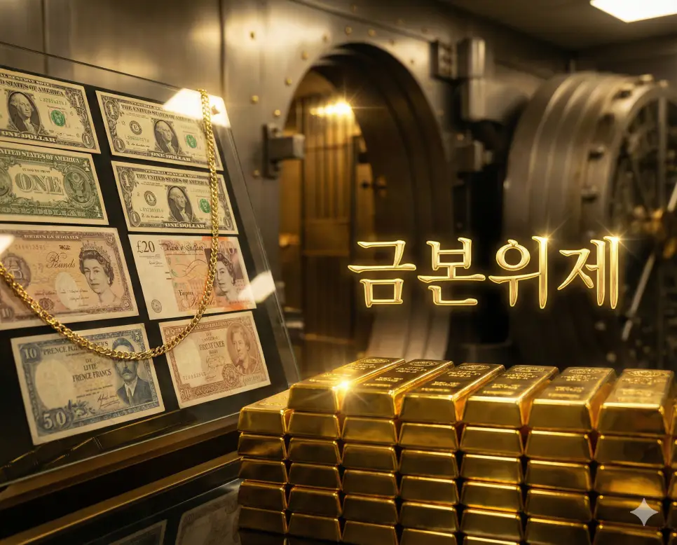 금본위제 뜻인 금 가치에 화폐 가치를 고정했던 과거 금융 시스템을 상징하는 금괴 사진