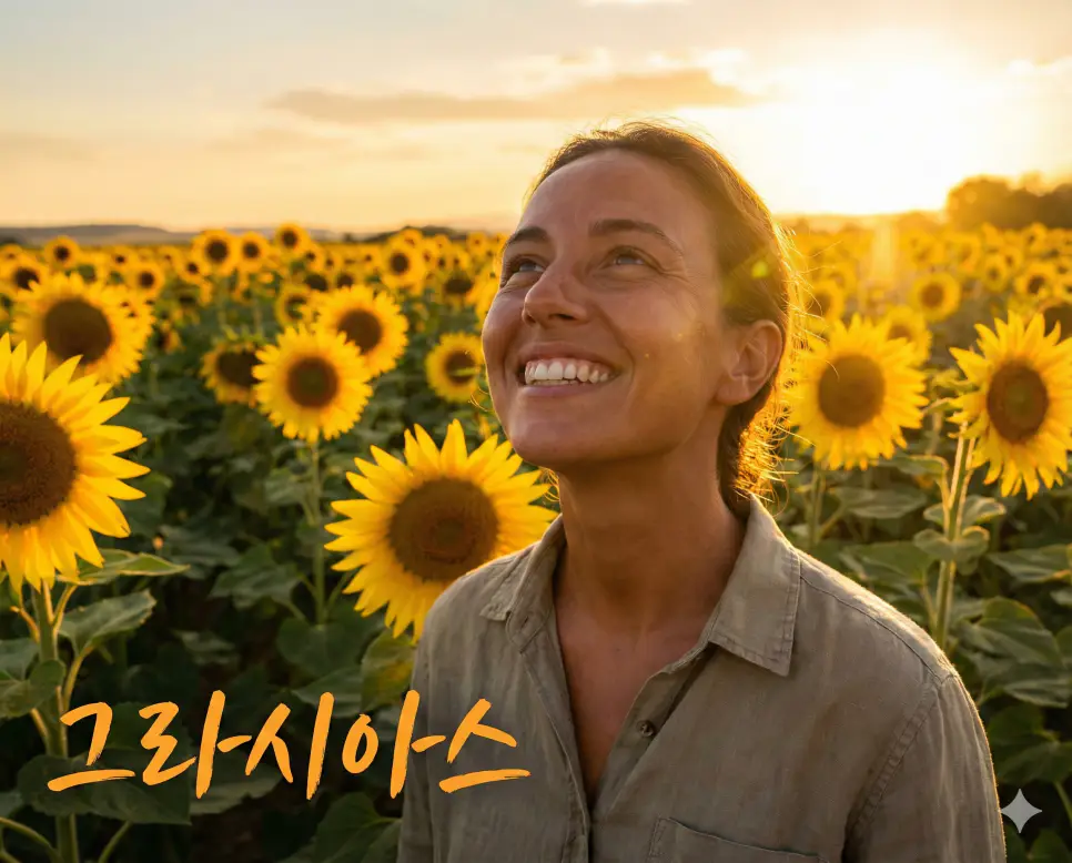 스페인어로 열정적인 고마움을 뜻하는 그라시아스 뜻과 밝고 긍정적인 감사의 에너지를 담은 사진