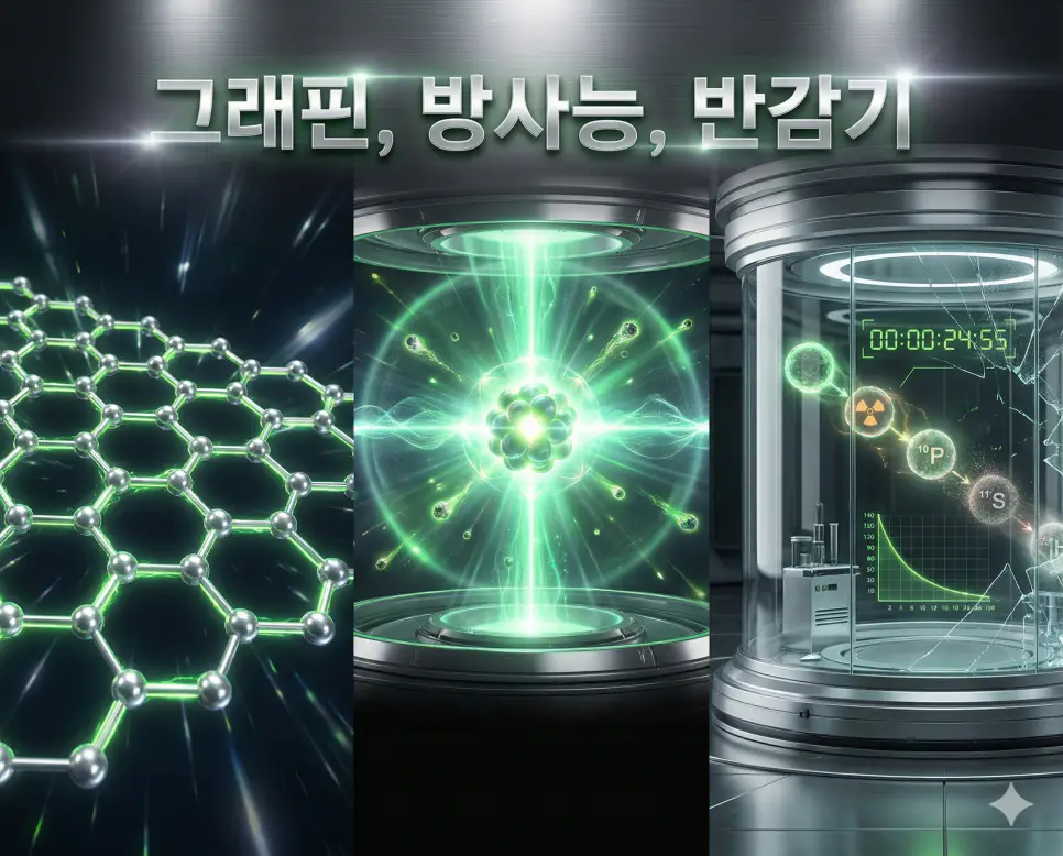 그래핀, 방사능, 반감기의 개념과 물리적 현상들을 세련된 구도로 통합한 종합 가이드 이미지