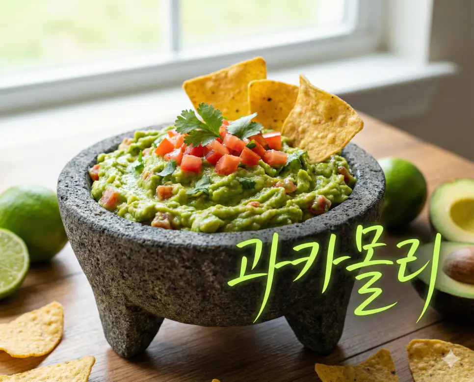 과카몰리 뜻을 상징하는 부드러운 아보카도와 신선한 채소들이 어우러진 멕시코식 건강 소스 이미지