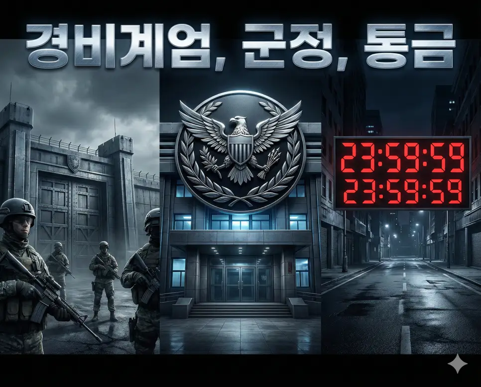 경비계엄, 군정, 통금의 개념과 군사적 통제 현상들을 세련된 구도로 통합한 종합 가이드 이미지