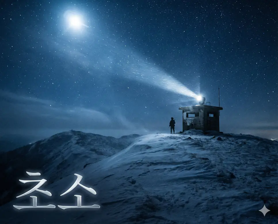 경계와 감시 임무를 수행하기 위해 주요 위치에 설치된 건물인 초소의 야경 모습