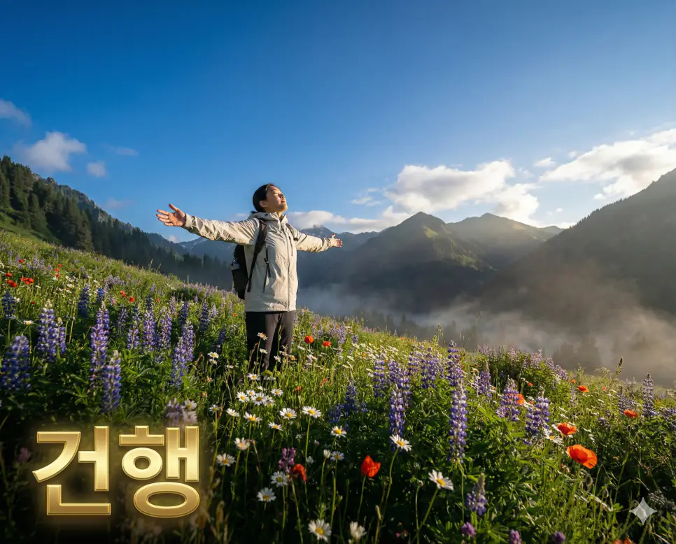 맑은 공기와 꽃들이 가득한 자연 속에서 평온함을 만끽하는 모습을 통해 건강하고 행복하시라는 건행의 인사를 시각적으로 표현한 자료