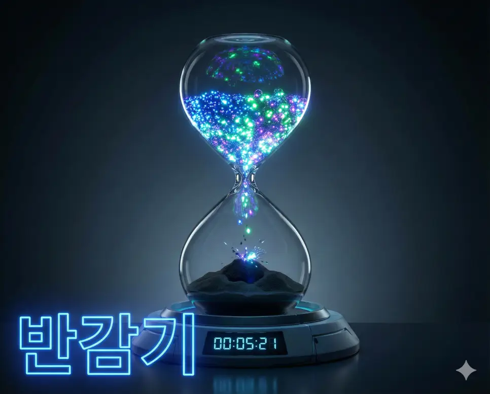 반감기 뜻인 방사성 물질의 양이 처음의 절반으로 줄어드는 데 걸리는 시간을 상징적으로 표현한 이미지