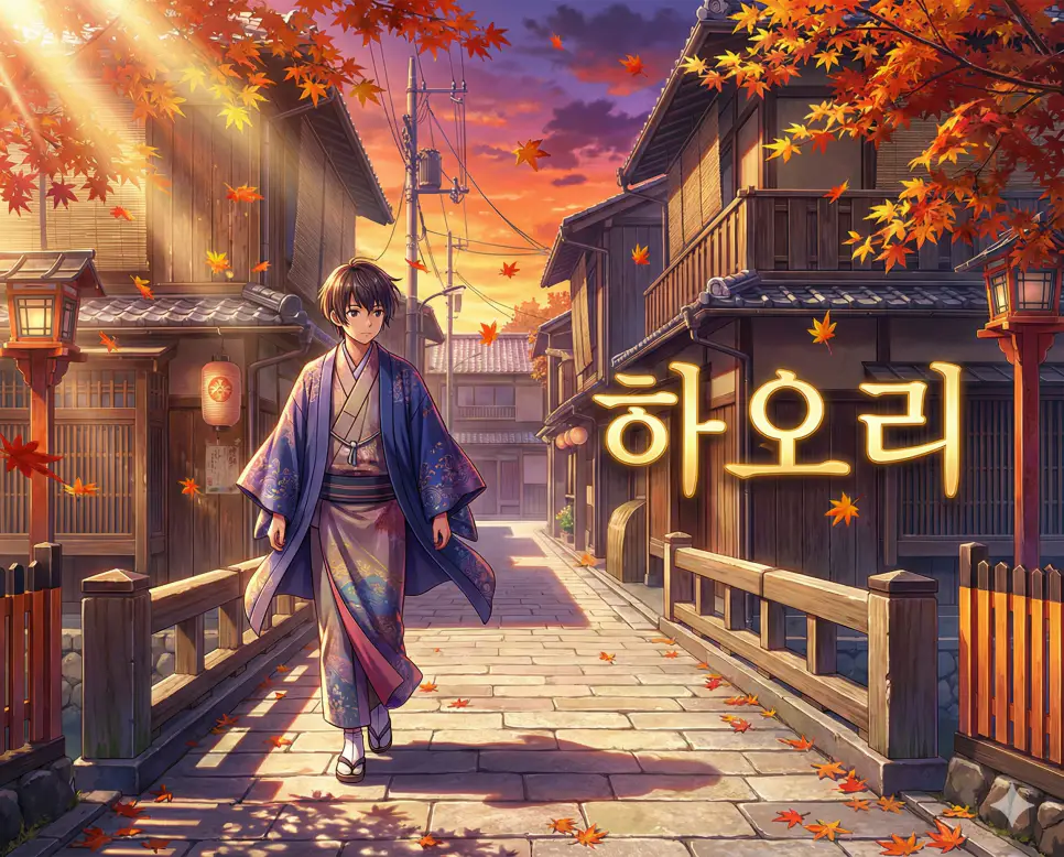 기모노 위에 덧입는 외투를 뜻하는 하오리 뜻과 고풍스러운 분위기를 담은 애니메이션 이미지