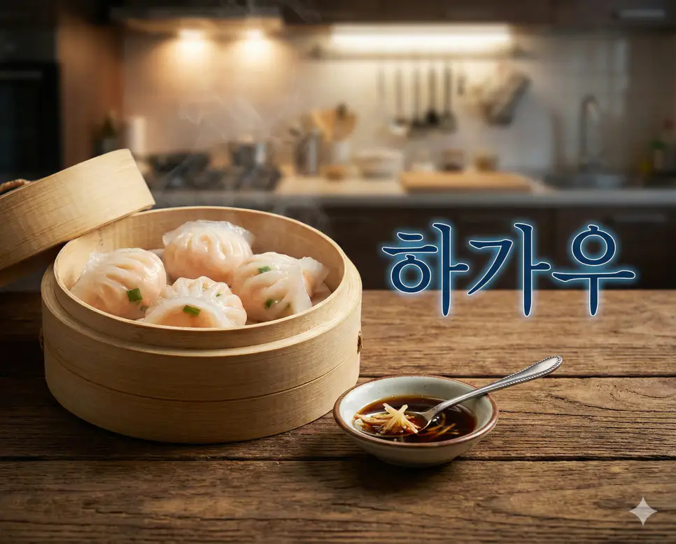 하가우 뜻을 보여주는 얇고 투명한 피 속에 통통한 새우가 비치는 광둥식 정통 딤섬 이미지