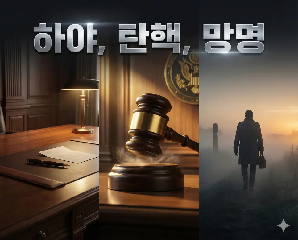 하야, 탄핵, 망명의 개념과 정치적 격변의 과정들을 세련된 구도로 통합한 종합 가이드 이미지