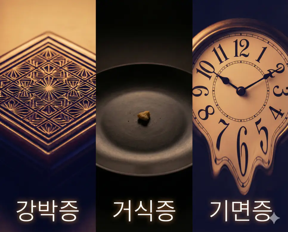 강박증, 거식증, 기면증의 핵심적인 특징을 통합적으로 보여주는 건강 정보 시각 자료