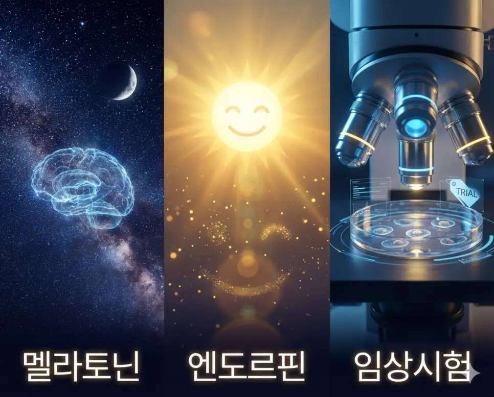 휴식의 멜라토닌, 즐거움의 엔도르핀, 검증의 임상시험을 통합적으로 보여주는 건강 과학 이미지