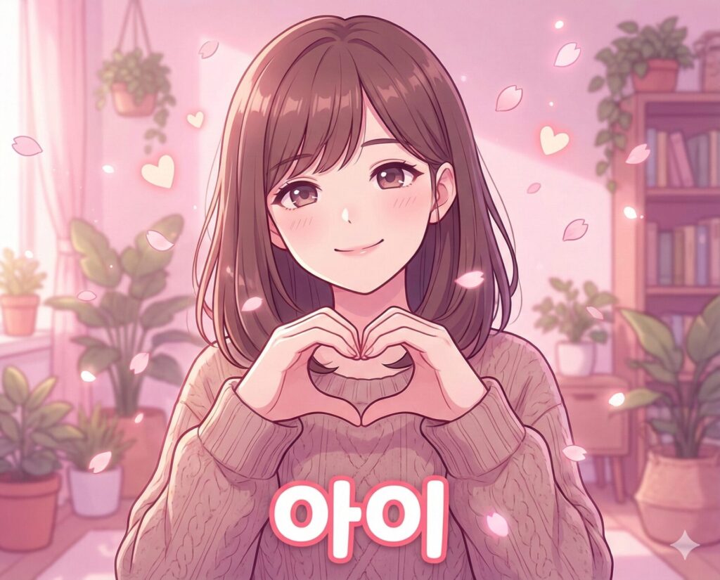 가장 깊은 감정인 사랑을 의미하는 아이 뜻과 따뜻한 감성이 잘 표현된 세련된 애니메이션 스타일의 이미지입니다.