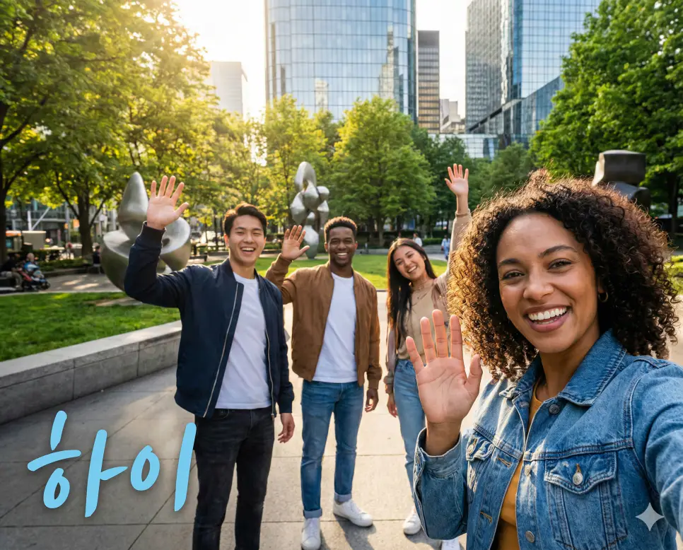 다양한 인종의 사람들이 현대적인 공원에서 가볍게 인사를 나누는 모습을 통해 전 세계적으로 가장 친근한 하이 뜻을 담은 사진