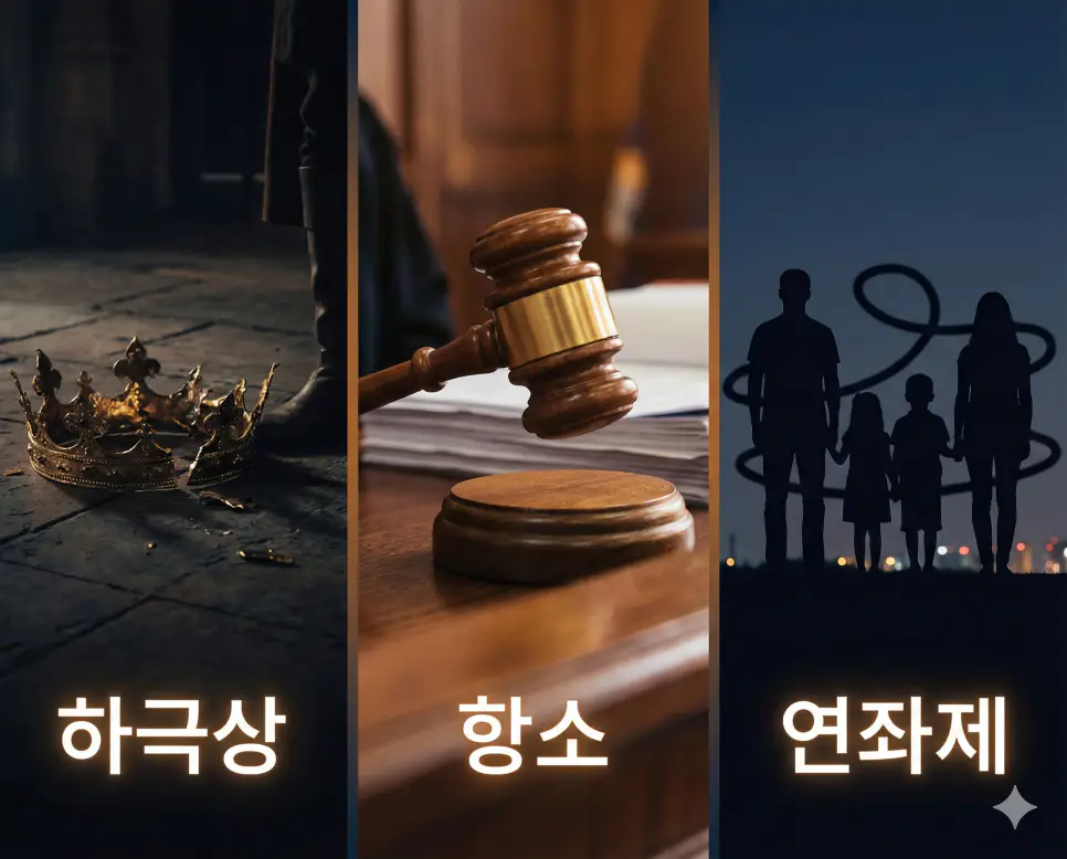 하극상의 위계 파괴, 항소의 법적 절차, 연좌제의 연대 책임을 통합적으로 보여주는 시각 자료