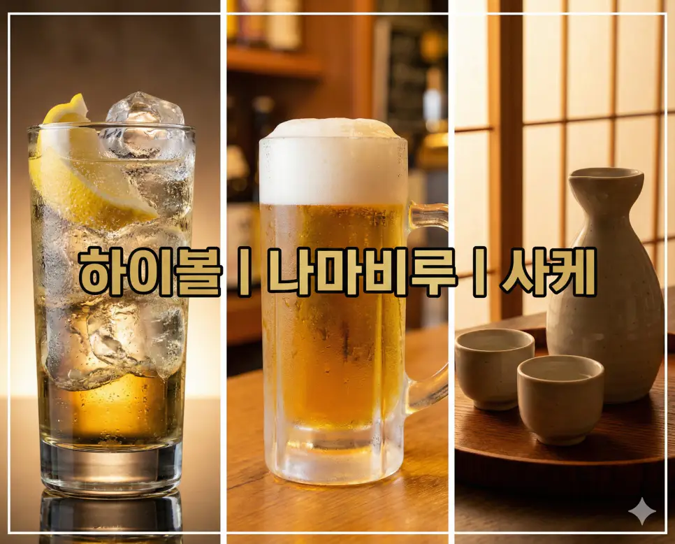 하이볼 뜻, 나마비루 뜻, 사케 뜻 같은 일본의 대표적인 주류 키워드를 한눈에 확인하기 좋게 정리한 통합 가이드 이미지입니다.