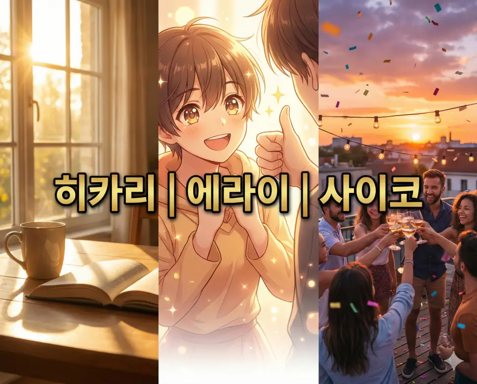 히카리 뜻, 에라이 뜻, 사이코 뜻 등 긍정적인 의미를 담은 일본어 키워드를 한눈에 확인하기 좋게 정리한 통합 가이드 이미지입니다.