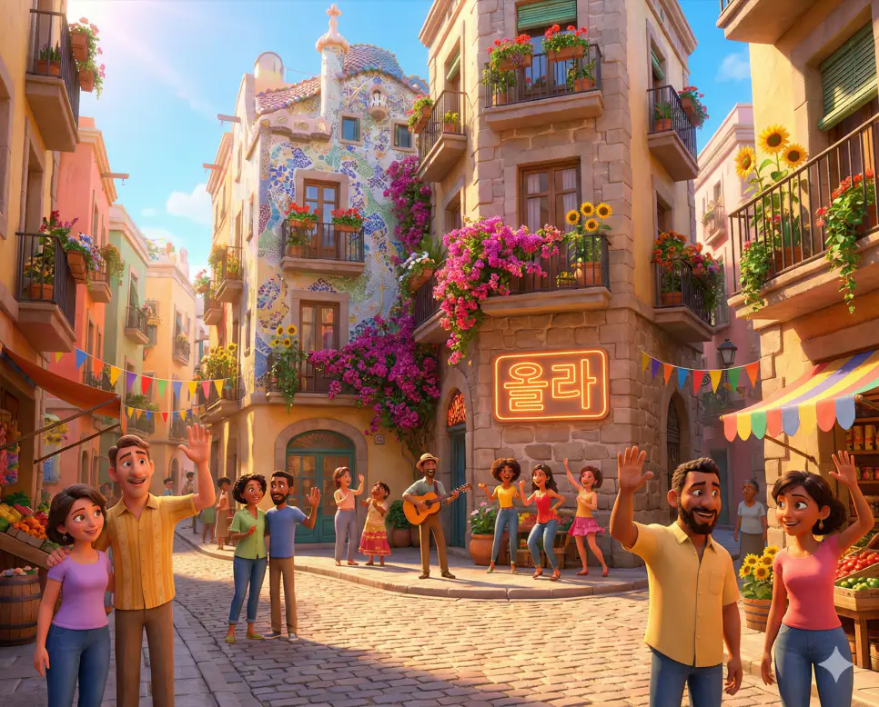태양이 빛나는 스페인 바르셀로나 거리를 배경으로 열정적이고 친근한 인사를 나누는 올라 뜻을 표현한 따뜻한 스타일의 이미지