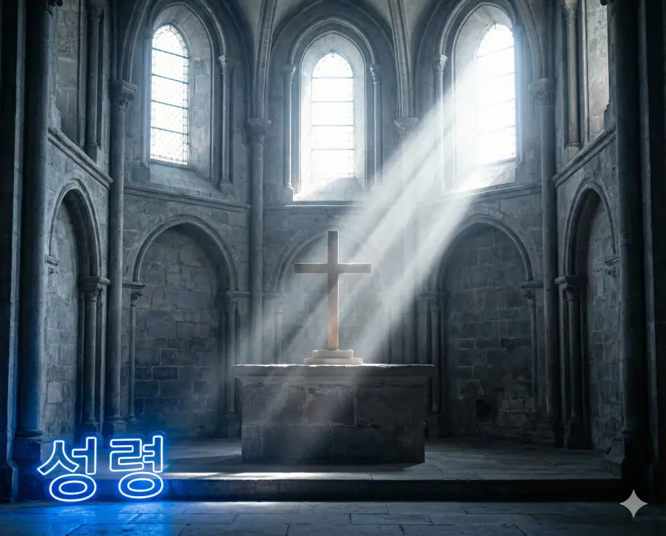 성령 뜻인 거룩한 신의 영적인 임재를 빛과 공간으로 묘사한 웅장한 이미지